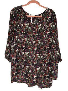 Colorful Floral Tunic Top Black 1X Boho Indie Tropical Earthy Granola Preppy Art